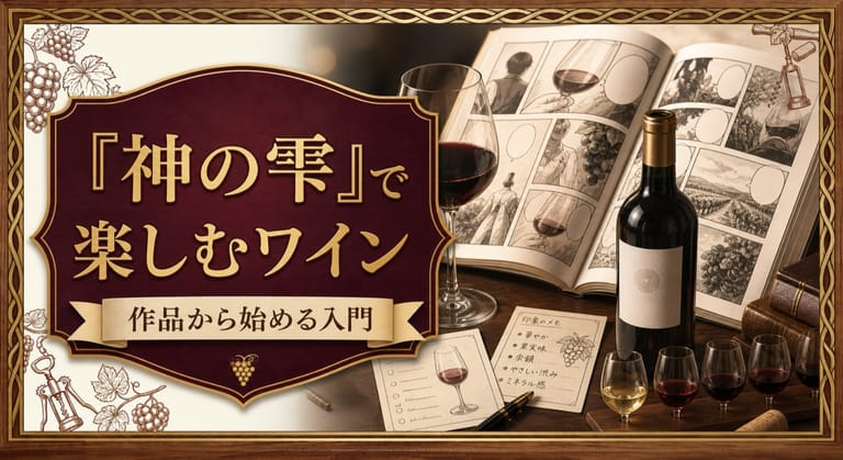 『神の雫』で楽しむワインという記事タイトルと、漫画風のページ、ワイングラス、ボトル、味わいを言葉にするテイスティングメモ、飲み比べのグラスを配したサムネイル