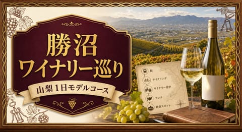 勝沼ワイナリー巡りという記事タイトルと、甲府盆地を見下ろすぶどう畑、甲州の白ワイン、駅・サイクリング・ワイナリー見学・ランチ・絶景スポットを示す1日ルートカードを配したサムネイル