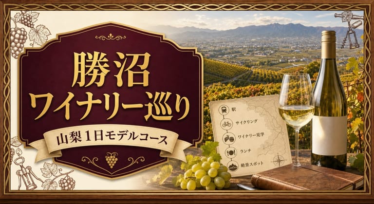 勝沼ワイナリー巡りという記事タイトルと、甲府盆地を見下ろすぶどう畑、甲州の白ワイン、駅・サイクリング・ワイナリー見学・ランチ・絶景スポットを示す1日ルートカードを配したサムネイル