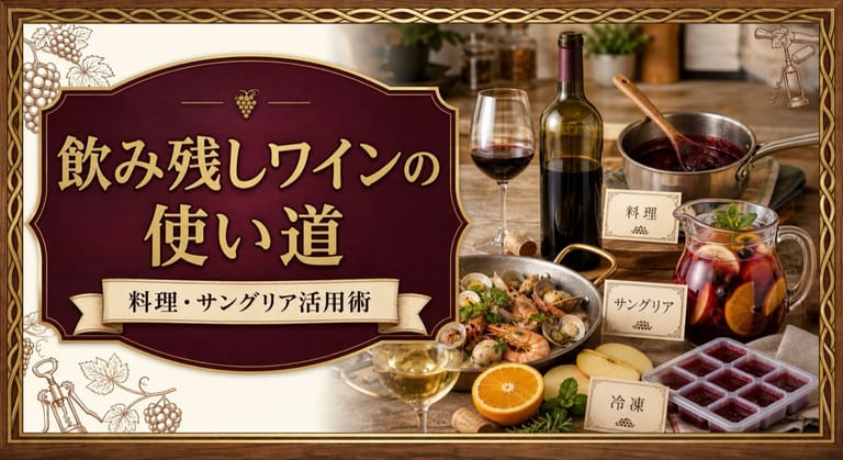 飲み残しワインの使い道という記事タイトルと、飲み残しの赤白ワイン、赤ワインソース、魚介の白ワイン蒸し、サングリア、冷凍ワインキューブを配したサムネイル