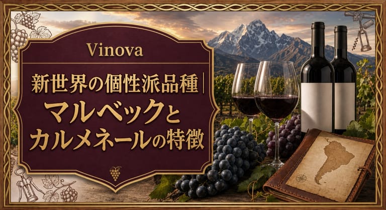 新世界の個性派品種｜マルベックとカルメネールの特徴という記事タイトルと、アンデス風の山並み、濃い赤ワイン、黒ブドウ、南米の地図を配したサムネイル