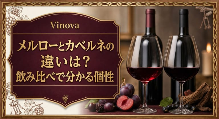 メルローとカベルネの違いは？という記事タイトルと、個性の異なる2杯の赤ワイン、プラム、黒系果実、樽材を並べたサムネイル