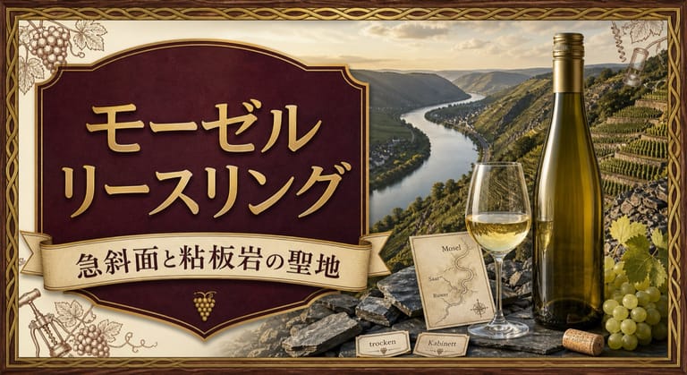 モーゼル リースリングという記事タイトルと、蛇行するモーゼル川、粘板岩の急斜面ブドウ畑、リースリングのボトルとグラス、モーゼル・ザール・ルーヴァーの地図カードを配したサムネイル