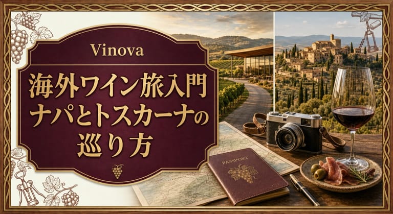海外ワイン旅入門という記事タイトルと、ナパのワイナリー、トスカーナの丘の町、地図、カメラ、ワイングラスを配したサムネイル