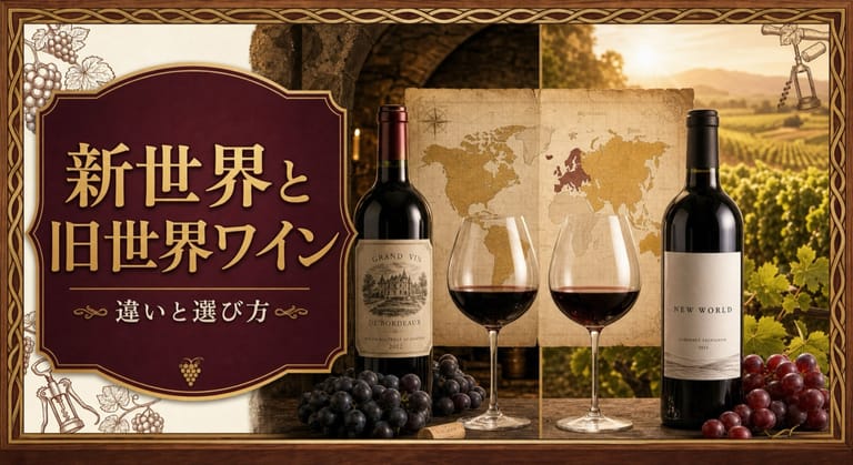 新世界と旧世界ワインの違いと選び方という記事タイトルと、旧世界風の石造りセラーと新世界風の明るい畑、世界地図、2本のワインとグラスを比較したサムネイル