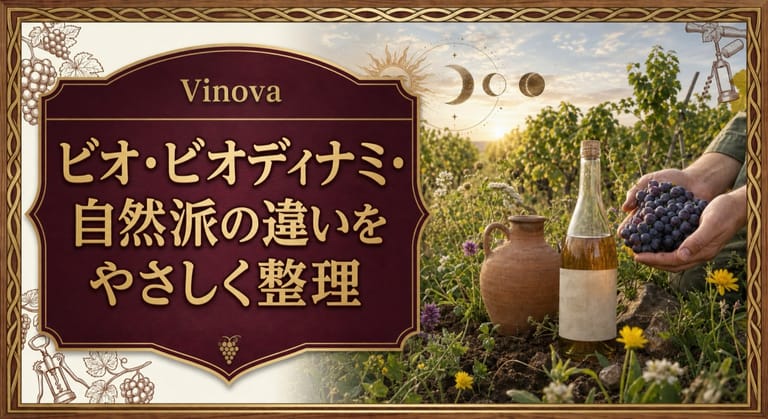 ビオ・ビオディナミ・自然派の違いという記事タイトルと、草花のあるブドウ畑、手摘みのブドウ、自然派ワインのボトルを配したサムネイル