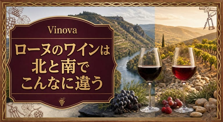 ローヌのワインは北と南でこんなに違うという記事タイトルと、北部の急斜面、南部の丸石の畑、2杯の赤ワインを対比したサムネイル