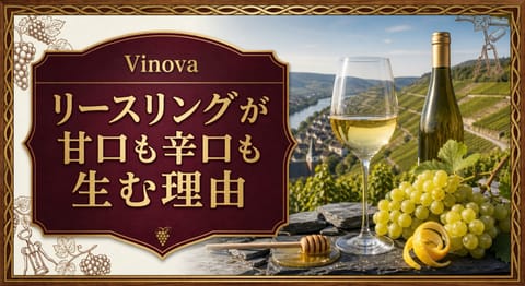 リースリングが甘口も辛口も生む理由という記事タイトルと、急斜面の畑、白ワイン、リースリングのブドウ、蜂蜜と柑橘を配したサムネイル