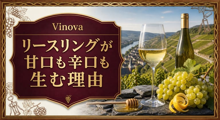 リースリングが甘口も辛口も生む理由という記事タイトルと、急斜面の畑、白ワイン、リースリングのブドウ、蜂蜜と柑橘を配したサムネイル