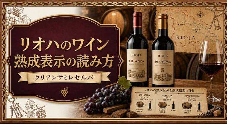 リオハのワイン熟成表示の読み方という記事タイトルと、クリアンサとレセルバのボトル、リオハの地図、熟成期間の早見表、赤ワインとブドウを配したサムネイル