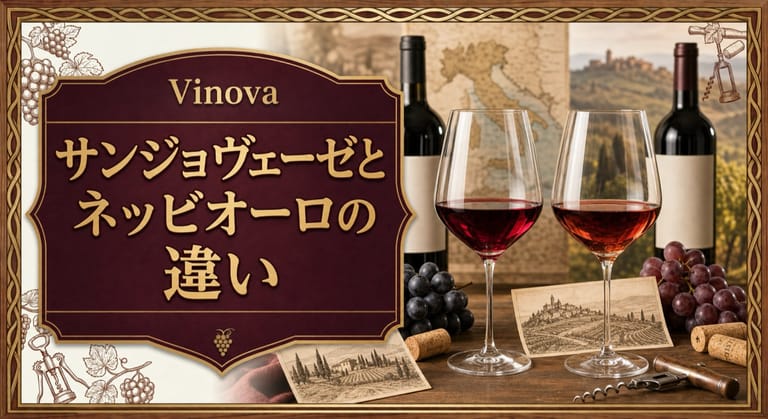 サンジョヴェーゼとネッビオーロの違いという記事タイトルと、色調の異なる2杯の赤ワイン、イタリアの地図カード、ブドウを並べた品種比較サムネイル