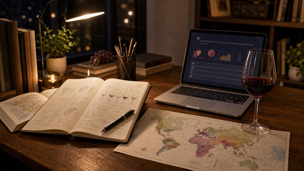 自宅の机でワインの勉強をする様子。ノートと世界地図、クイズ画面のノートパソコン