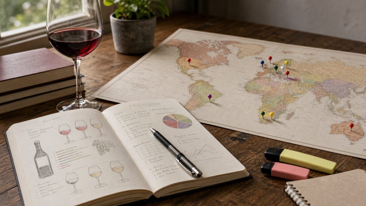 世界のワイン産地に印を付けた地図と勉強ノート。産地を位置で覚える学習法