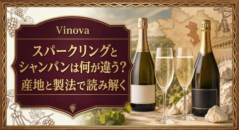 スパークリングとシャンパンは何が違う？という記事タイトルと、泡立つ2杯のグラス、2本のボトル、産地を示す地図を配したサムネイル