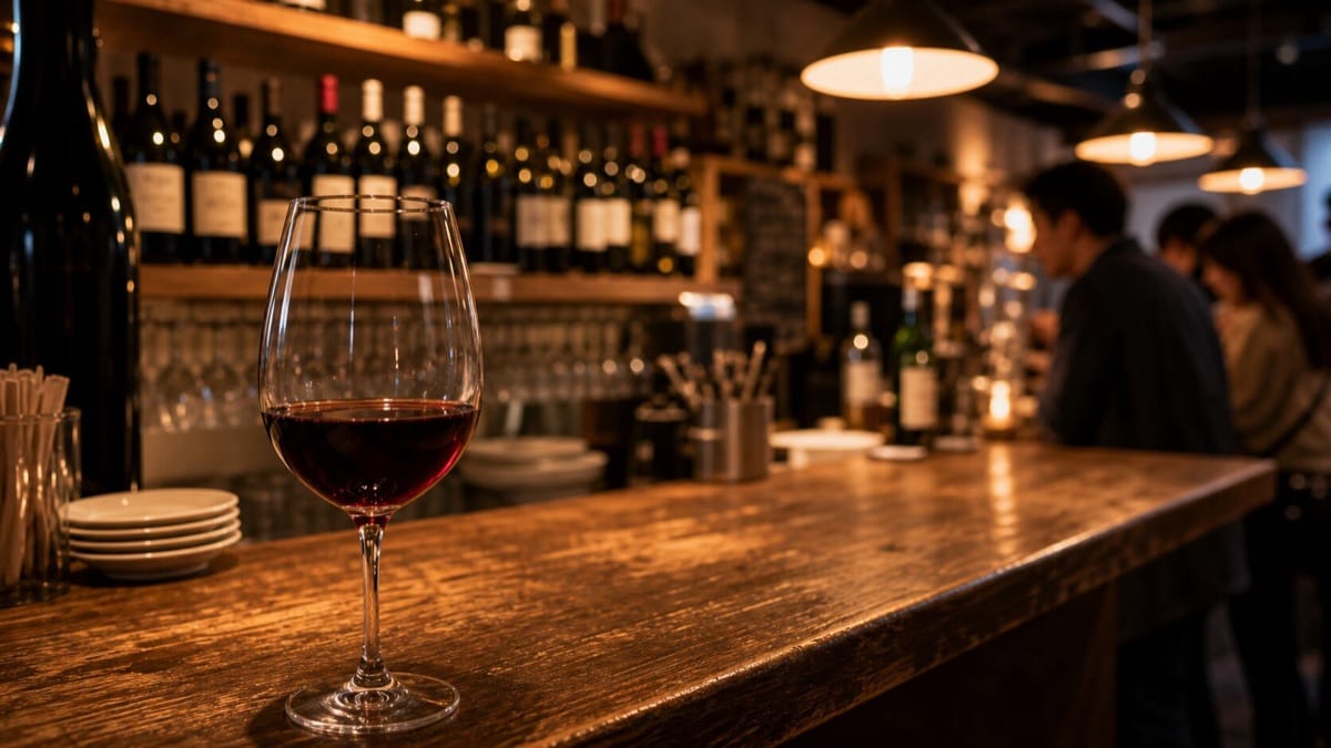 夕方の立ち飲みワインバーのカウンターに置かれた赤ワイン一杯