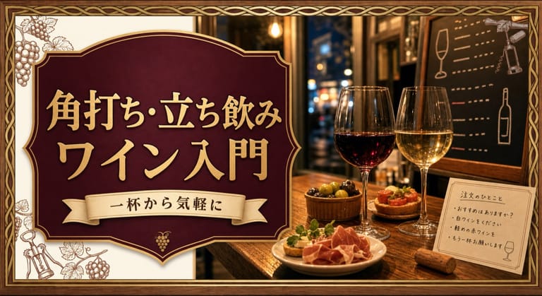 角打ち・立ち飲みワイン入門という記事タイトルと、夕方の立ち飲みカウンターに並ぶ赤白ワイン、黒板メニュー、小皿のおつまみ、注文メモを配したサムネイル