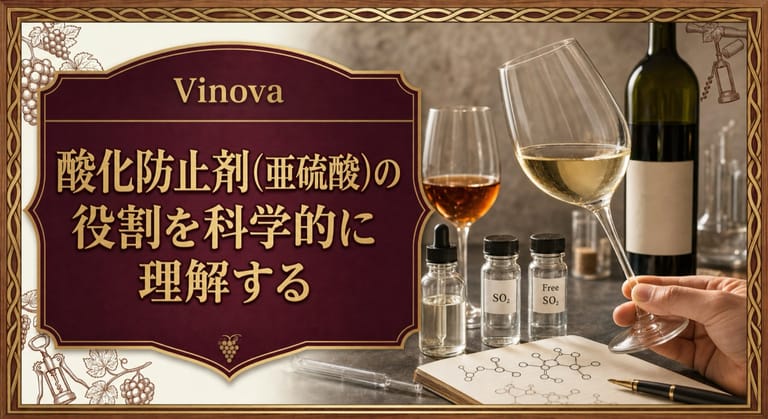 酸化防止剤（亜硫酸）の役割を科学的に理解するという記事タイトルと、澄んだ白ワイン、酸化した比較グラス、実験用の小瓶、ノートを並べた科学的なサムネイル