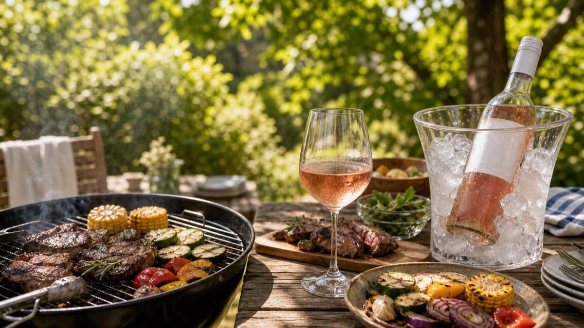BBQのグリル料理と氷で冷やしたロゼワイン