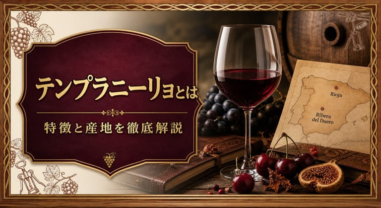 テンプラニーリョとは｜特徴と産地を徹底解説という記事タイトルと、ルビー色の赤ワイン、黒ブドウ、チェリー、ドライフィグ、スペインの産地カードを配したサムネイル