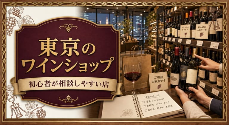 東京のワインショップという記事タイトルと、東京の夜景が見えるワインショップ、価格表示のある棚、相談歓迎のカード、予算や好みを書いたノートを配したサムネイル