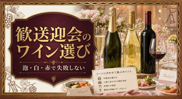 歓送迎会のワインおすすめと選び方という記事タイトルと、歓送迎会のテーブルに並ぶスパークリング、白、赤の3本のワイン、グラス、料理、選び方カードを配したサムネイル