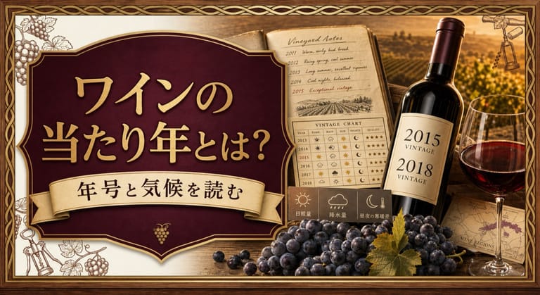 ワインの当たり年とは？という記事タイトルと、2015・2018の年号が入ったボトル、ヴィンテージチャート、気候アイコン、熟したブドウを配したサムネイル