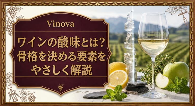 ワインの酸味とは？という記事タイトルと、白ワイン、レモン、青リンゴ、ミネラル感のある石を配したサムネイル