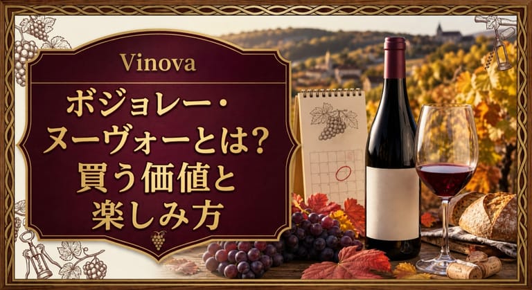 ボジョレー・ヌーヴォーとは？買う価値と楽しみ方という記事タイトルと、秋の収穫期のブドウ、軽やかな赤ワイン、解禁時期を示すカレンダーを配したサムネイル