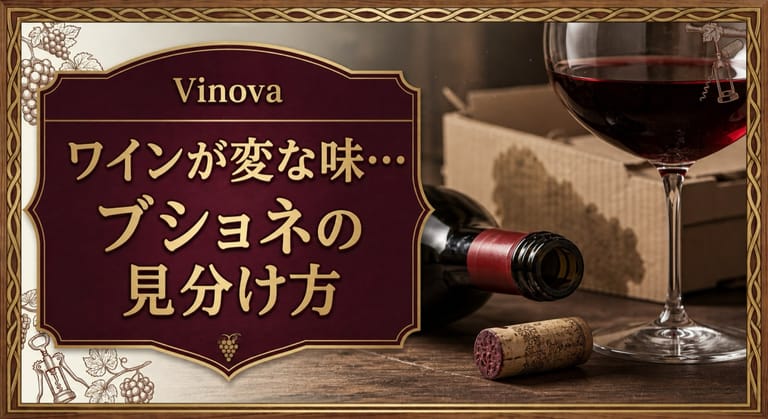 ワインが変な味…ブショネの見分け方という記事タイトルと、開栓した赤ワイン、天然コルク、湿った段ボールをあしらったサムネイル