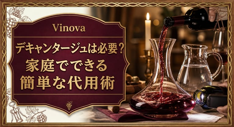 デキャンタージュは必要？家庭でできる簡単な代用術という記事タイトルと、赤ワインをデキャンタに注ぎ、灯りで澱を確認する様子のサムネイル