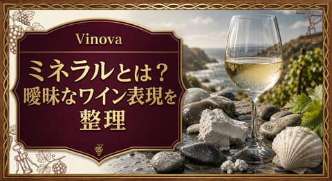 ミネラルとは？という記事タイトルと、白ワイン、濡れた石、チョーク、貝殻を並べたミネラル感を表すサムネイル