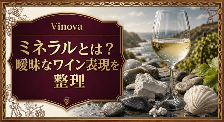 ミネラルとは？という記事タイトルと、白ワイン、濡れた石、チョーク、貝殻を並べたミネラル感を表すサムネイル
