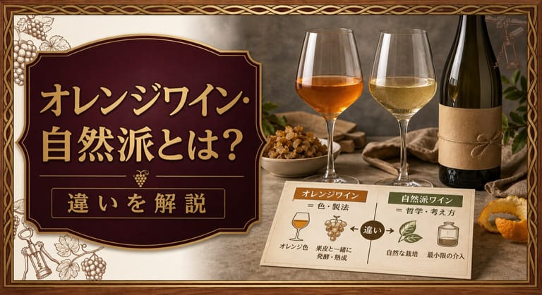 オレンジワイン・自然派（ナチュール）とは？違いを解説という記事タイトルと、琥珀色のオレンジワイン、淡い白ワイン、白ブドウの果皮、自然派風ボトル、違いの比較カードを配したサムネイル