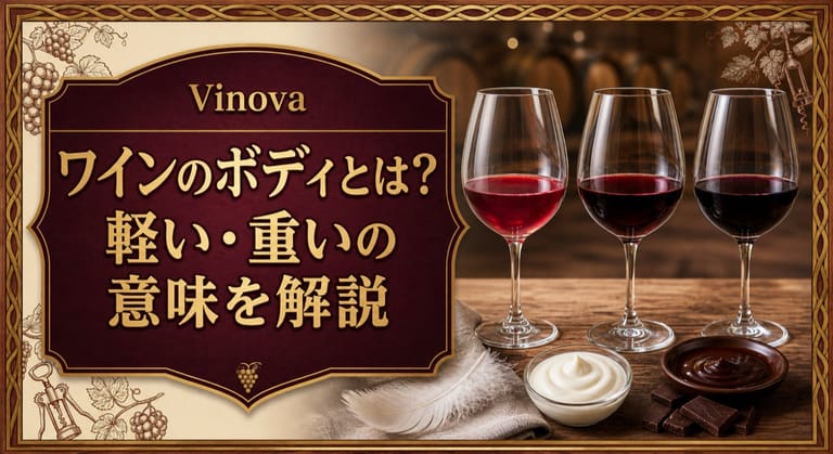 ワインのボディとは？という記事タイトルと、軽い・中程度・重いボディを表す3杯の赤ワインを並べたサムネイル