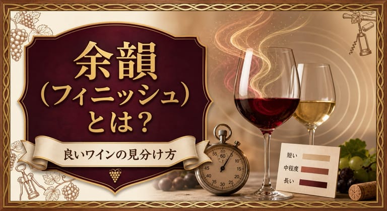 余韻（フィニッシュ）とは？という記事タイトルと、ワインを飲んだ後に続く香りの余韻、秒数を測る時計、短い・中程度・長い余韻のカード、テイスティングノートを配したサムネイル