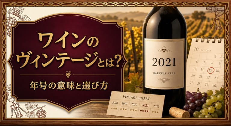 ワインのヴィンテージ（年号）とは？初心者が気にすべきかの正解という記事タイトルと、収穫年を大きく示したワインラベル、ヴィンテージ表、カレンダー、ブドウ畑を配したサムネイル