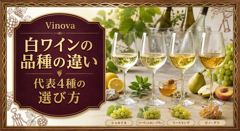 白ワインの品種の違いという記事タイトルと、代表4品種をイメージした4杯の白ワインと果実を並べたサムネイル