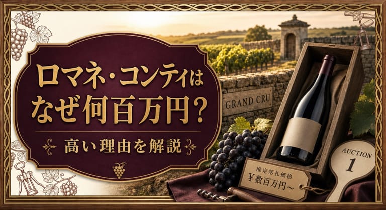 ロマネ・コンティはなぜ何百万円？高い理由を解説という記事タイトルと、石垣に囲まれたブルゴーニュ風の小さな畑、無地ラベルの高級ワイン、黒ブドウ、オークション札を配したサムネイル