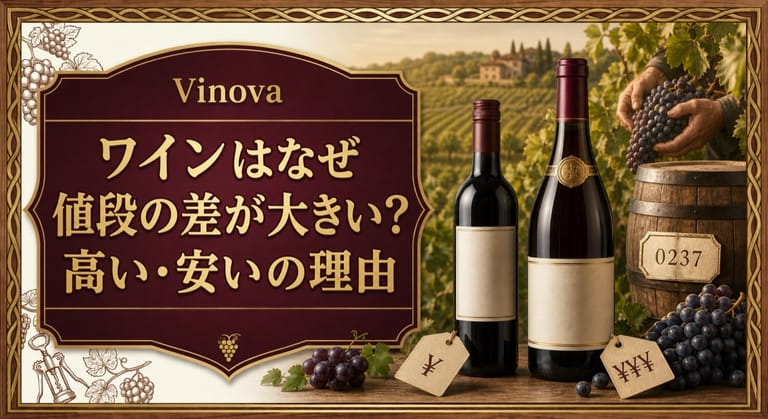 ワインはなぜ値段の差が大きい？という記事タイトルと、安価なボトルと高級ボトル、手摘みのブドウ、樽、価格タグを並べたサムネイル