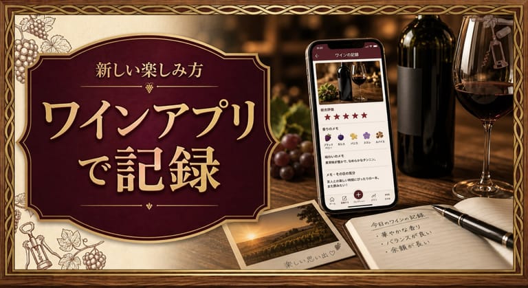 ワインアプリで記録する新しい楽しみ方という記事タイトルと、ワイン記録アプリを表示したスマホ、ワインボトル、グラス、テイスティングノート、ペンを並べたサムネイル
