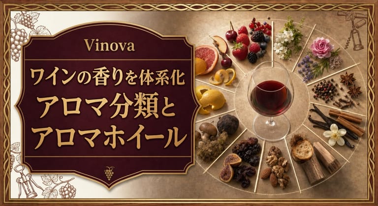 ワインの香りを体系化という記事タイトルと、グラスを中心に果実、花、ハーブ、スパイス、樽材を円形に並べたサムネイル