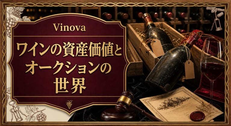 ワインの資産価値とオークションの世界という記事タイトルと、古酒のボトル、木箱、オークションの槌、来歴証明書を配したサムネイル