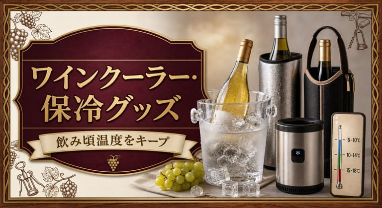 ワインクーラー・保冷グッズの選び方という記事タイトルと、氷水のワインクーラー、保冷スリーブ、電動チラー、保冷ボトル、飲み頃温度カードを並べたサムネイル
