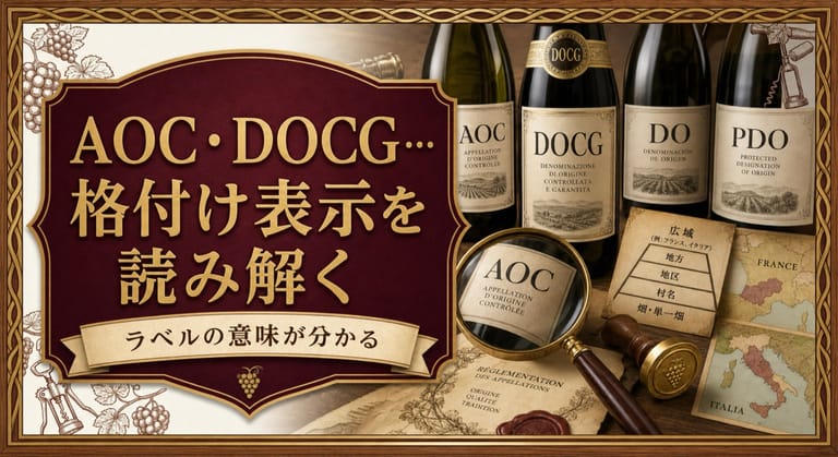 AOC・DOCG…格付け表示を読み解くという記事タイトルと、AOC・DOCG・PDOなどのラベル、虫眼鏡、格付け階層図、フランスとイタリアの地図を配したサムネイル