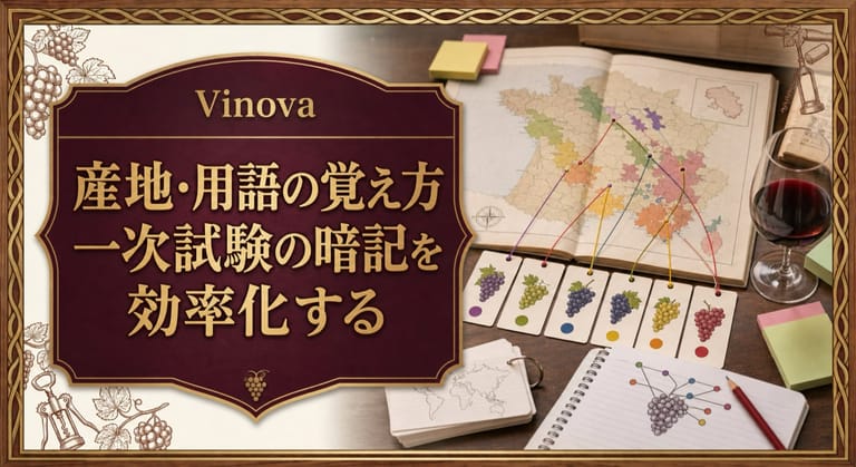 産地・用語の覚え方という記事タイトルと、ワイン産地の地図、付箋、フラッシュカード、ノートを線で結んだ試験学習のサムネイル