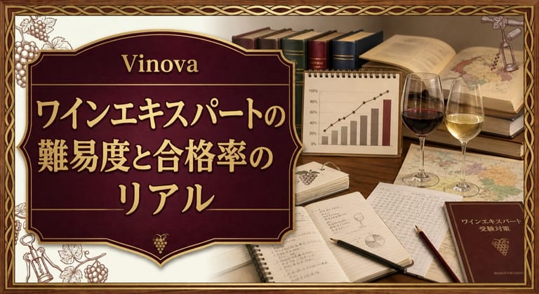 ワインエキスパートの難易度と合格率のリアルという記事タイトルと、教本、答案用紙、産地地図、合格率グラフ、テイスティンググラスを並べた試験学習サムネイル