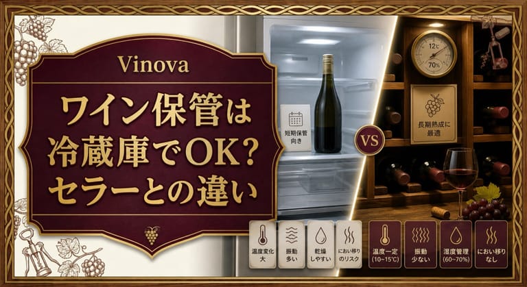 ワイン保管は冷蔵庫でOK？セラーとの違いという記事タイトルと、冷蔵庫とワインセラー、温度計、湿度表示、ワインボトルを比較して並べたサムネイル