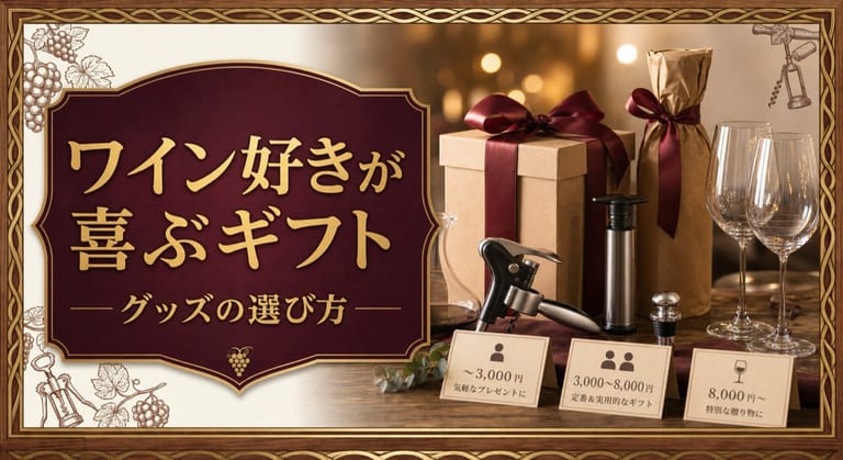 ワイン好きが喜ぶギフトグッズ集｜失敗しない選び方という記事タイトルと、リボン付きのギフト箱、ワイングラス、オープナー、真空ポンプ、ストッパー、予算カードを並べたサムネイル