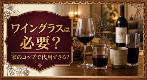 ワイングラスは必要？家のコップで代用できる？という記事タイトルと、専用ワイングラス、タンブラー、陶器のコップ、家庭用グラスに赤ワインを注いで比較したサムネイル