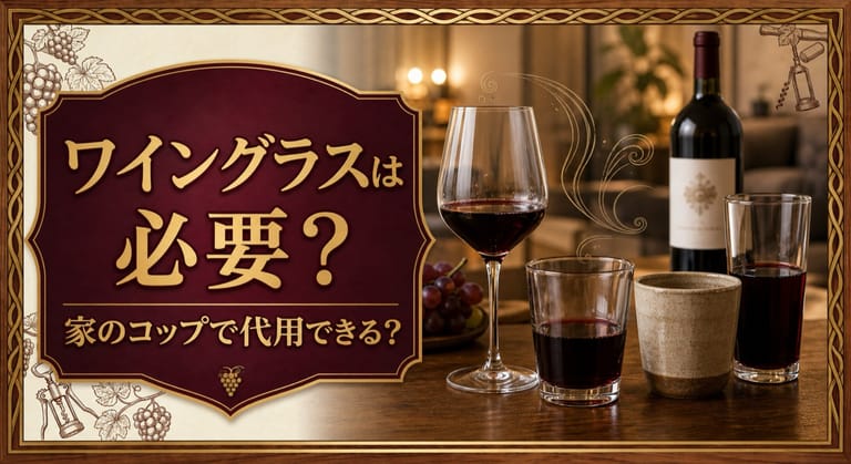 ワイングラスは必要？家のコップで代用できる？という記事タイトルと、専用ワイングラス、タンブラー、陶器のコップ、家庭用グラスに赤ワインを注いで比較したサムネイル